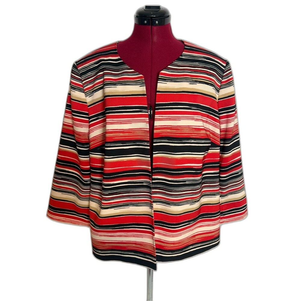 Kasper Open-Front Jacket Women's Size 16W Multi-Colored Stripe 3/4 Sleeve